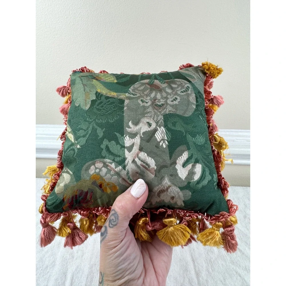 Vintage‎ Green Jacquard Potpourri Pillow Tassel Fringe Satin Back Victorian 7x7